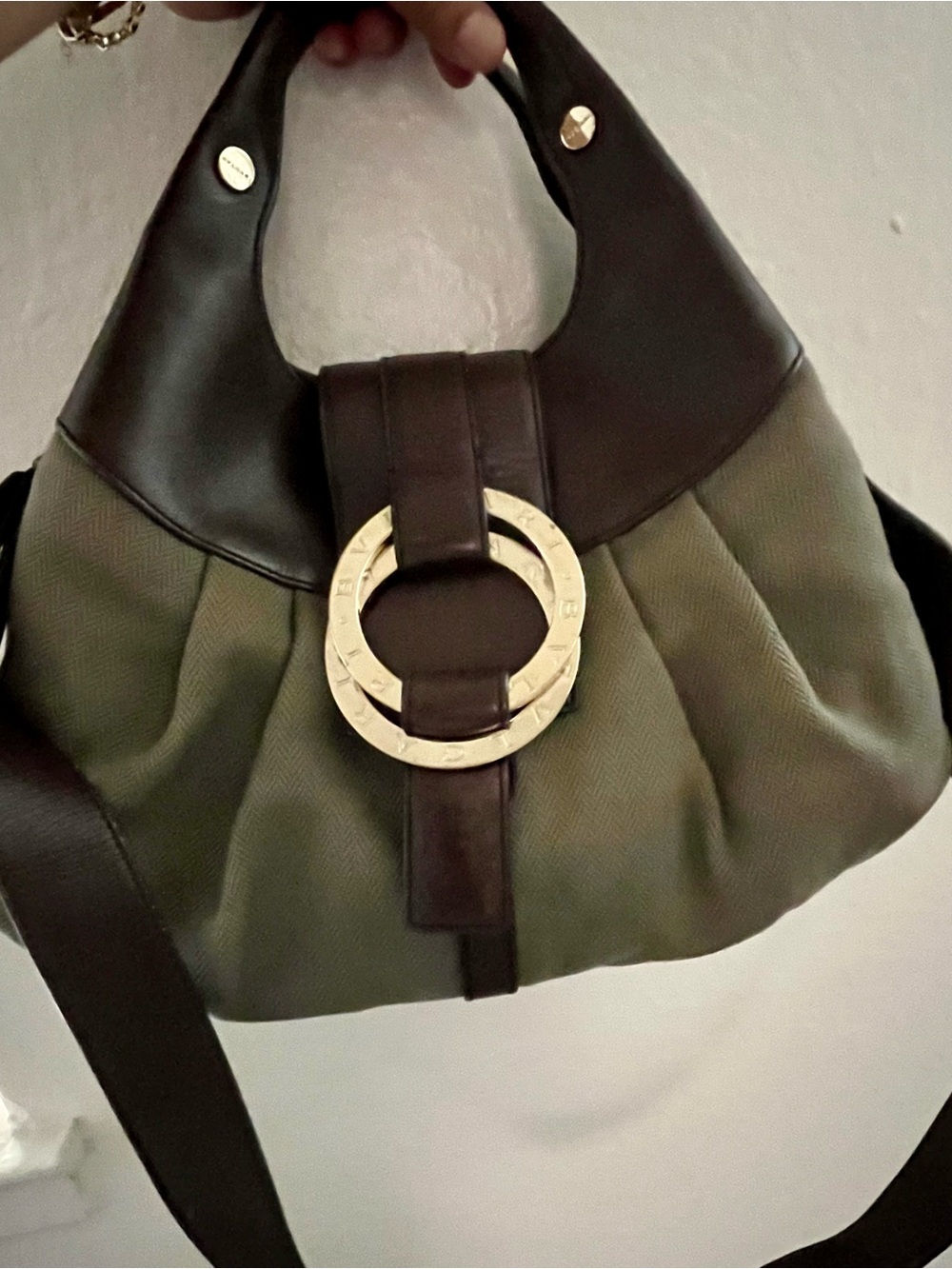 BVLGARI Chandra Hand Bag Leather Canvas 2way Brown Gold Authentic!